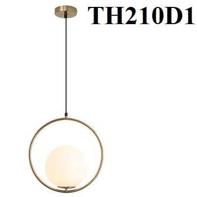 Đèn thả 210D1, thân vàng, E27 x 1, kiểu D khung tròn quả dưới, bóng cầu thủy tinh đục, KTmm): 200. Vòng tròn D300mm.